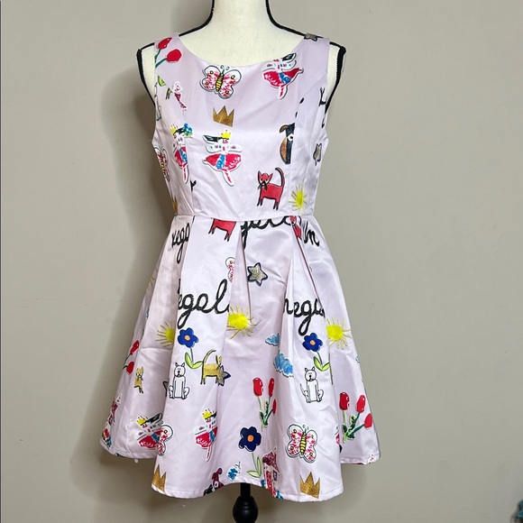 Dresses & Skirts - Whimsical Pink Midi Dress with Playful Prints